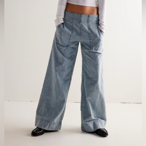 Free People- We The Free- Breezy Denim Pull-On Jeans Dusk Flare & Wide Leg Jeans - Picture 1 of 8